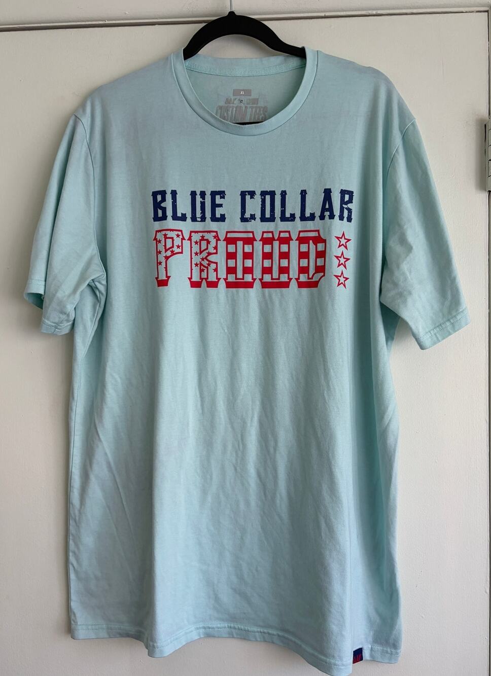 All American Roughneck Shirt XL Blue Collar Proud USA Flag Graphic Mint Green